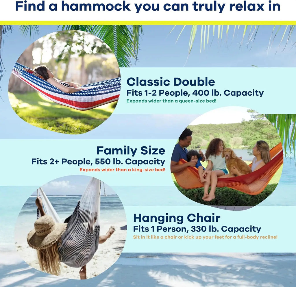 Stripe Navy Blue - White Handwoven Double Hammock, Fits 1 - 2 PPL, 400lb Max, Weathersafe & Ultra Soft