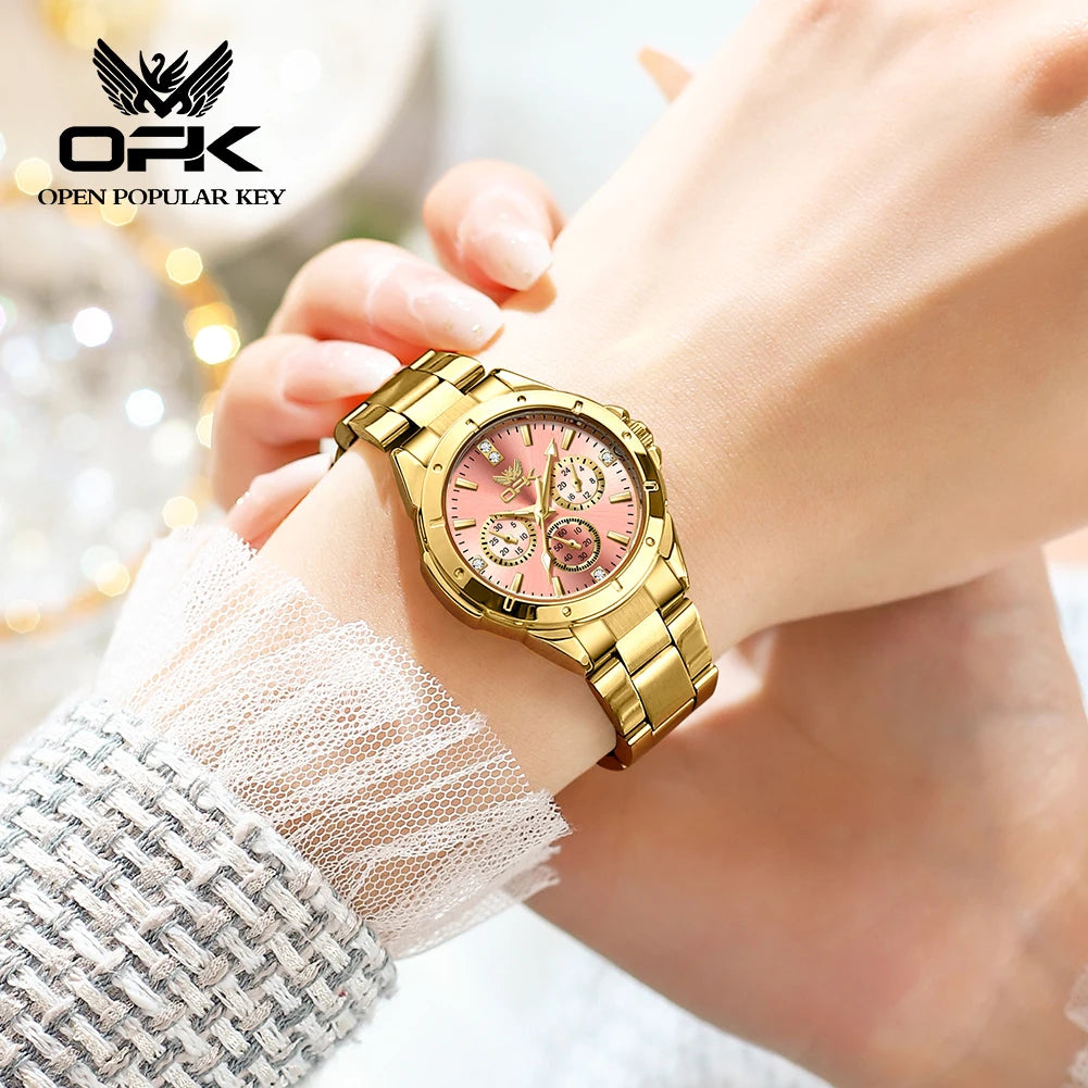 OPK 6001 Original Quartz Movement Elegance Watch For Women Chronograph Stainless Steel Three Simple Small Dials HD Luminous Function Life Waterproof Watch