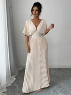 Deep V Neck Pleated Elegant Floor Length Dress For Women Summer