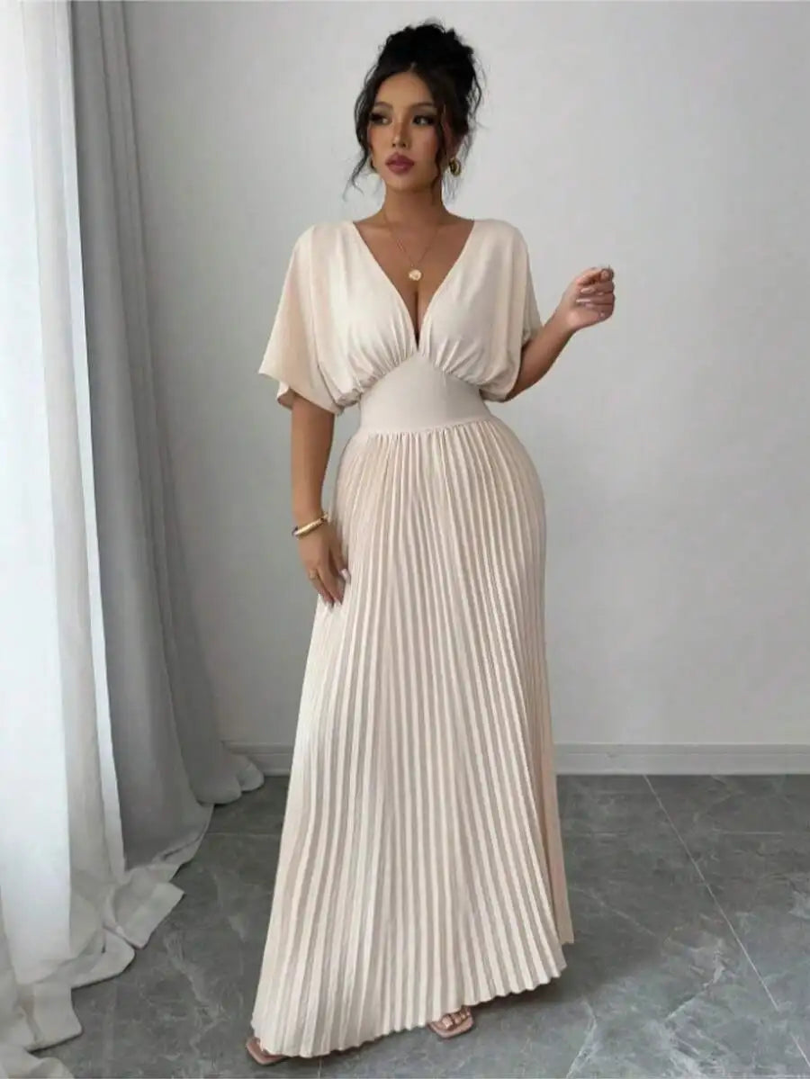 Deep V Neck Pleated Elegant Floor Length Dress For Women Summer