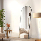 Black Aluminum Alloy Thin Frame Mirror, 64X21 Inch Arched Full Length Mirror with Stand for Bedroom and Living Room