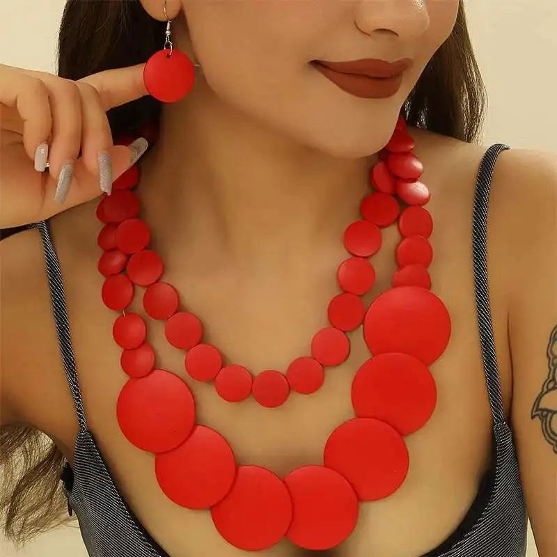 Africa Nigeria Jewelry Set Boho Double-layer Colored Geometric Round Wooden Beads Necklace Earrings For Women Trend 2025