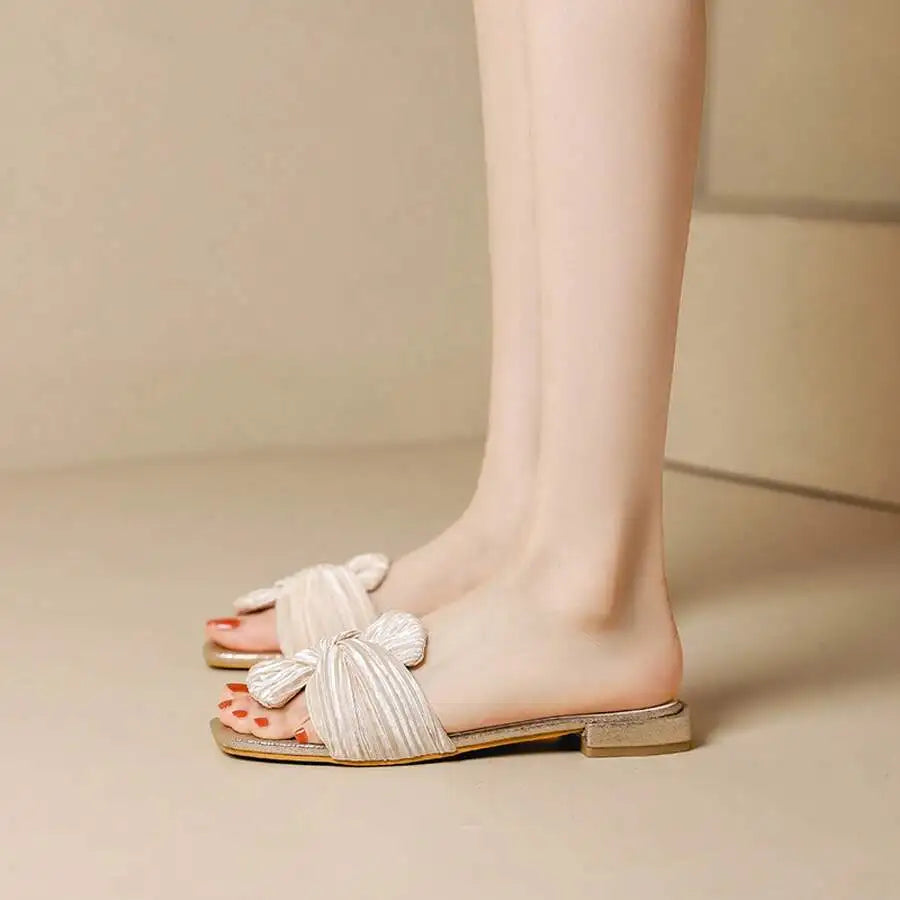 Elegant Pleated Bow Knot Flat Slides Women Square Toe Slip On Sandals For Party Wedding