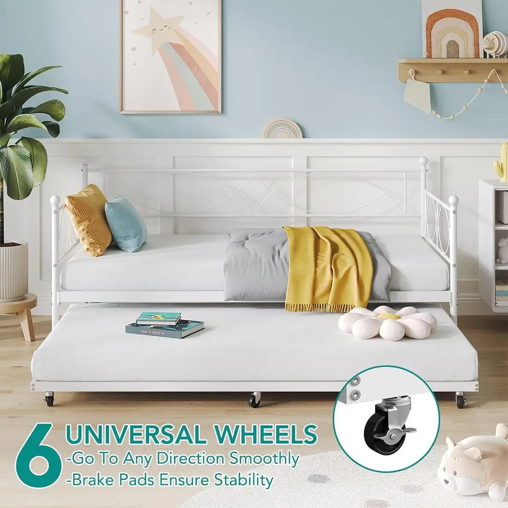 Modern White Twin Daybed with Trundle and Metal Frame, Multifunctional Bedroom Daybed Sofa Bed with Steel Slat Support