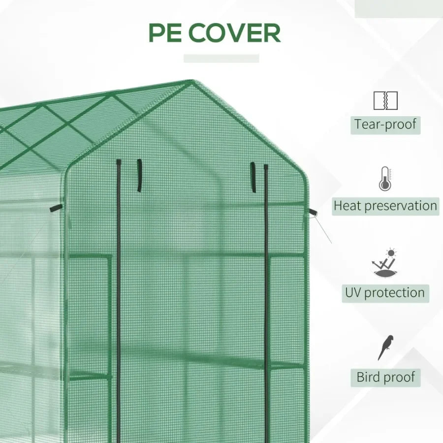 Outdoor walk-in greenhouse 7' x 5' x 6' with UV-protective green polyethylene cover, steel frame, mesh door and windows, includ