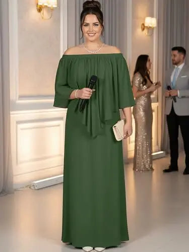 Women Plus Size Off Shoulder Long Maxi Dress Batwing Sleeve Chiffon Formal Wedding Guest Evening Party Gown