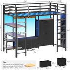 DICTAC Lot Bed Twin Size with 6 Storage Ders,Coat Rack and Open Shelves Metal Twin Lot Bed with Desk,Charging Station and LED Li