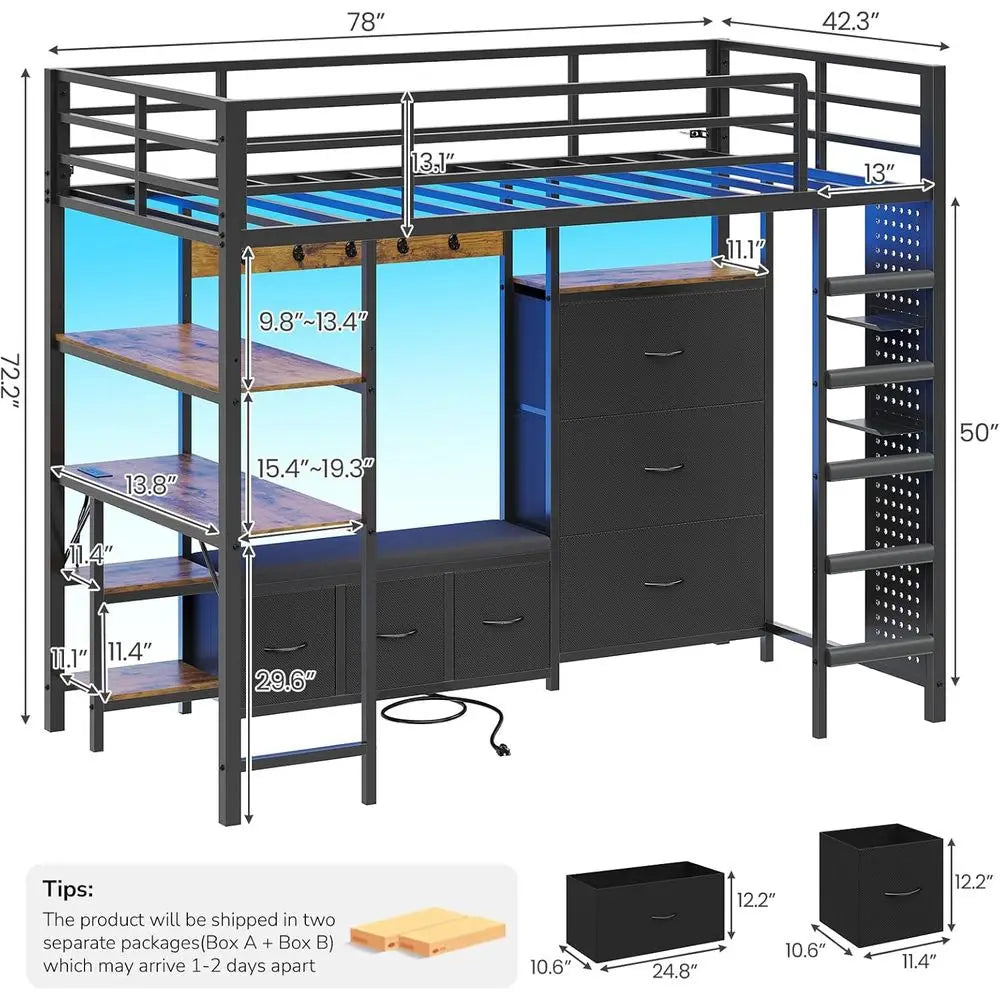 DICTAC Lot Bed Twin Size with 6 Storage Ders,Coat Rack and Open Shelves Metal Twin Lot Bed with Desk,Charging Station and LED Li