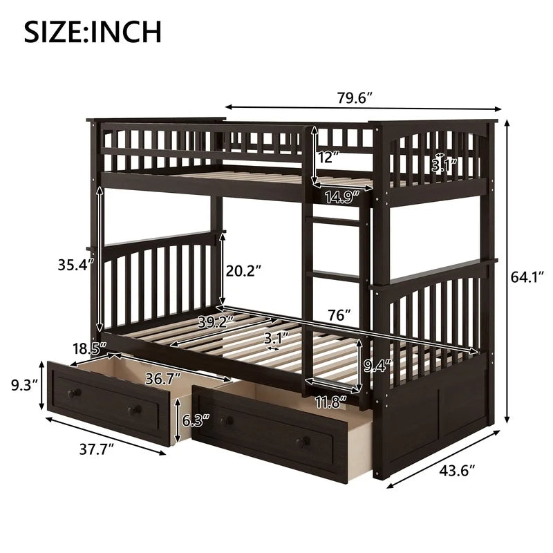 Espresso Twin Over Twin Bunk Bed with Storage Drawers, Convertible Design