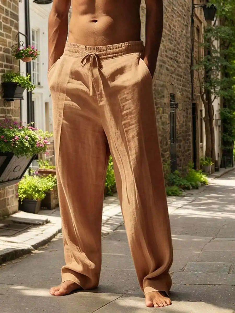 Men White Linen Loose Casual Long Pants For Spring Summer Autumn