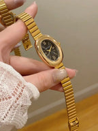 1pc Oval Bamboo Texture Strap Women's Watch, Gold Adjustable Strap, Elegant & Versatile Quartz Wristwatch, Suitable For Daily