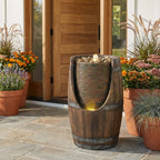 Outdoor Barrel Water Fountain with Lights Rustic Wood Look Resin Handmade Waterfall Garden Decor for Patio Yard Porch