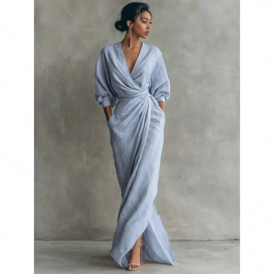 Elegant Solid Color V Neck Long Sleeve Wrap Midi Dress With Side Slit For Women