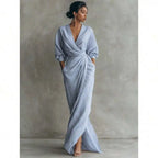 Elegant Solid Color V Neck Long Sleeve Wrap Midi Dress With Side Slit For Women