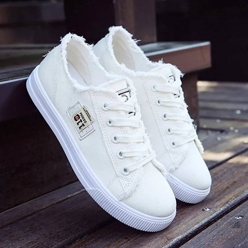 2024 Spring Summer Women Canvas Sneakers Low Top Lace Up Denim Flat Shoes Female Casual Board Shoes