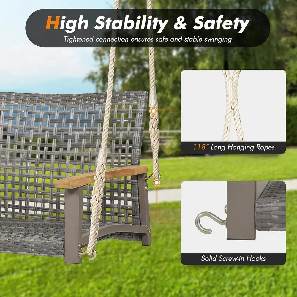 Outdoor 2-Person Porch Swing with Cushion and Ropes, Durable PE Rattan, Up to 800 lbs, Ideal for Patio, Garden (Black)