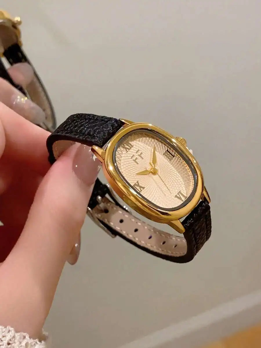 1pc Vintage Style Adjustable Strap Quartz Women's Watch, Oval Dial, Roman Numeral Markers, Compact Design, Suitable For Daily