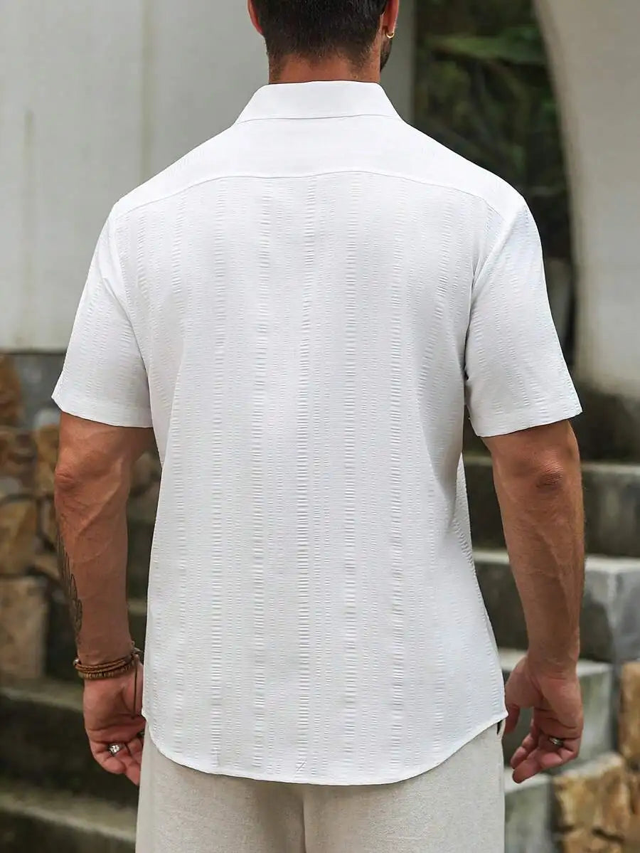 Mens White Short Sleeve Textured Casual Shirt With Turn-Down Collar
