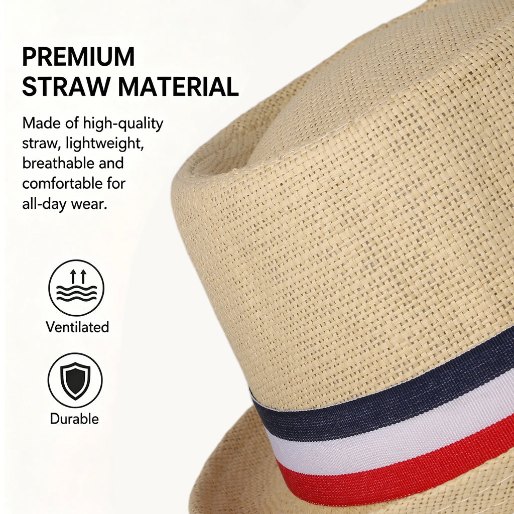 Red, white, and blue striped straw hat with rolled brim and decorative ribbon; retro casual jazz hat; unisex summer sun hat.