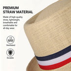 Red, white, and blue striped straw hat with rolled brim and decorative ribbon; retro casual jazz hat; unisex summer sun hat.