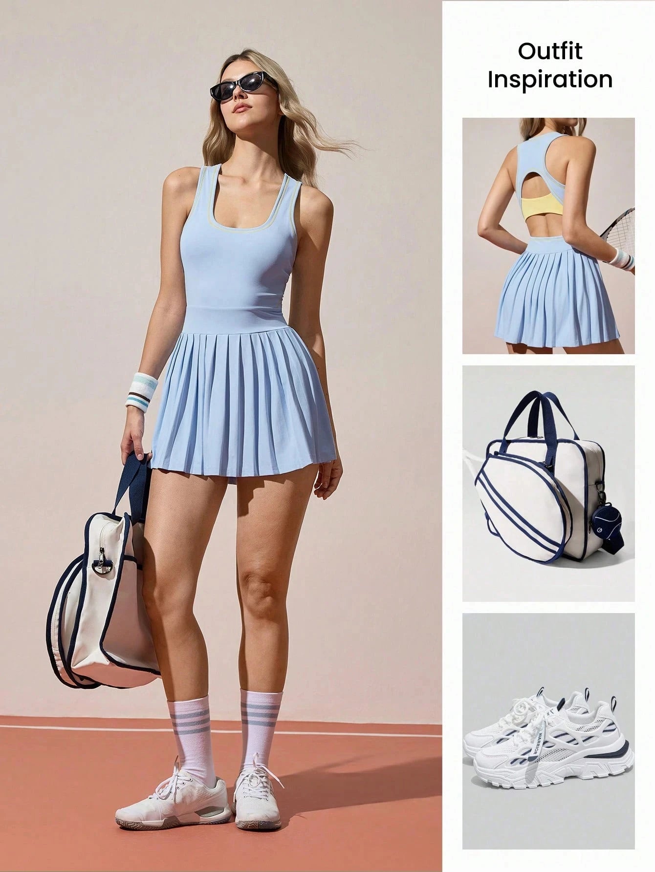 Women Summer Sleeveless Tennis Dress Stretchy U-Collar Mini Pleated Sundress with Inner Shorts, Comfy Casual Sport Dress with Pocket for Running Yoga Golf