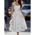 Women's White Floral Ruffle Hem Midi Dress, Square Neck Sleeveless Dress, Sweet Romantic Summer Holiday Dress