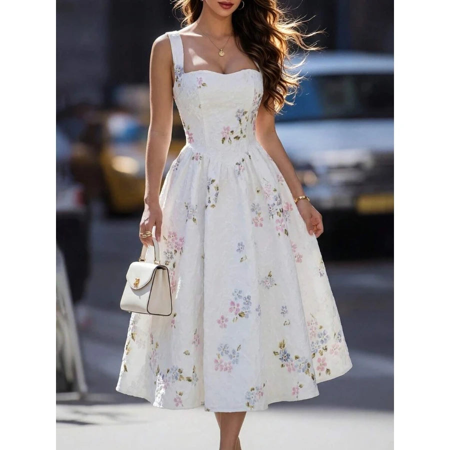 Women's White Floral Ruffle Hem Midi Dress, Square Neck Sleeveless Dress, Sweet Romantic Summer Holiday Dress