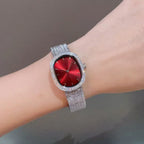 Women's Affordable Luxury Oval Rhinestone Watch: Sparkling Crystal Bezel, Laser-Etched Gradient Dial, Fine Steel Mesh Strap—A Simple and Stylish Women's Watch in Red, Purple, and Green