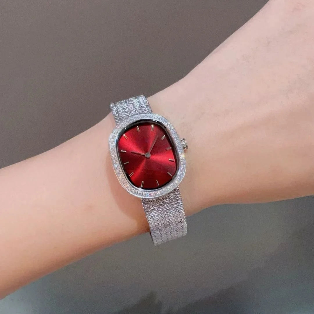 Women's Affordable Luxury Oval Rhinestone Watch: Sparkling Crystal Bezel, Laser-Etched Gradient Dial, Fine Steel Mesh Strap—A Simple and Stylish Women's Watch in Red, Purple, and Green