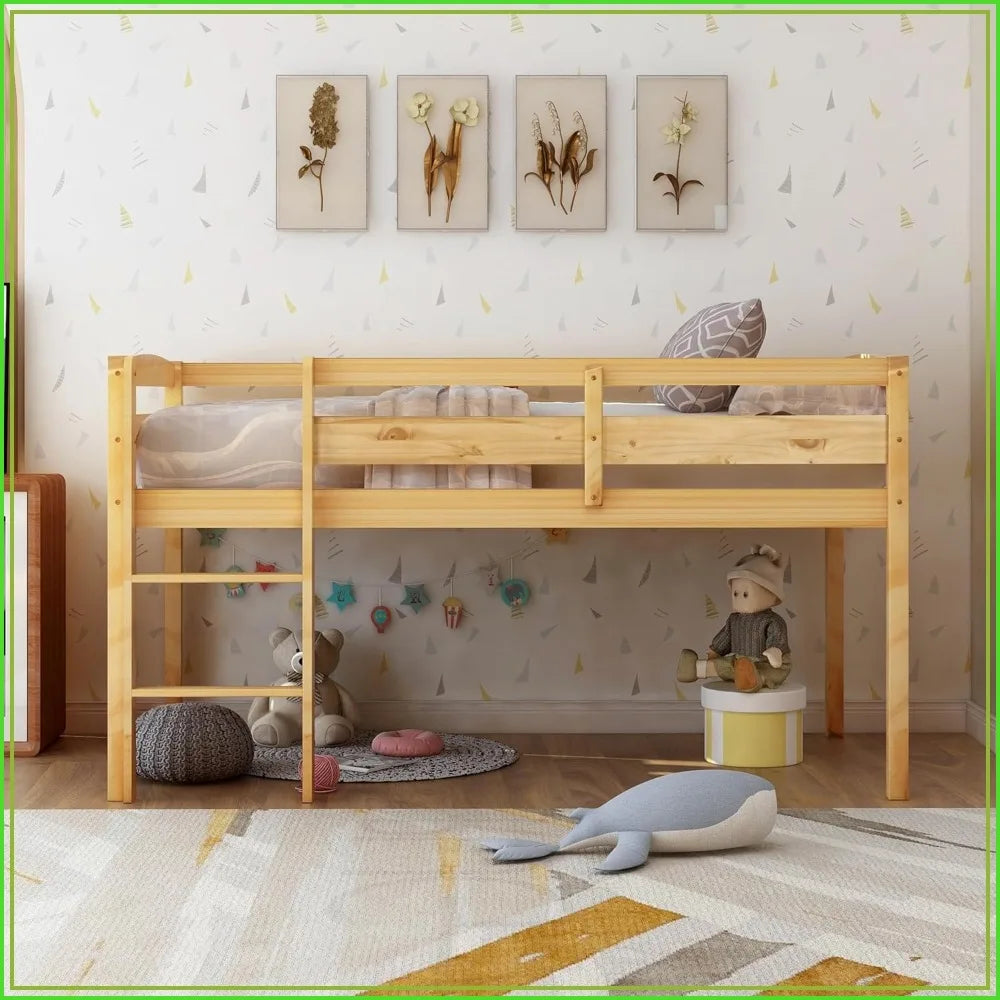 Twin Size Wood Low Loft Bed Frame with Full Length Guardrails