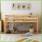 Twin Size Wood Low Loft Bed Frame with Full Length Guardrails