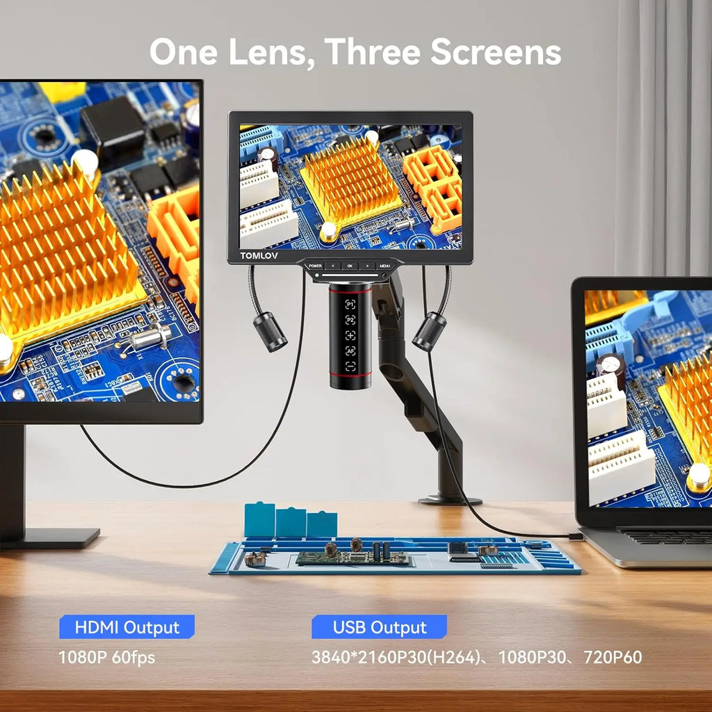 TOMLOV 3K Autofocus Digital Microscope 2000X TM3K-AF Max HDMI Electronics Microscopes for Soldering 10" IPS Display Dual Micro Scope Lens Flexible Arm For Phone Repair