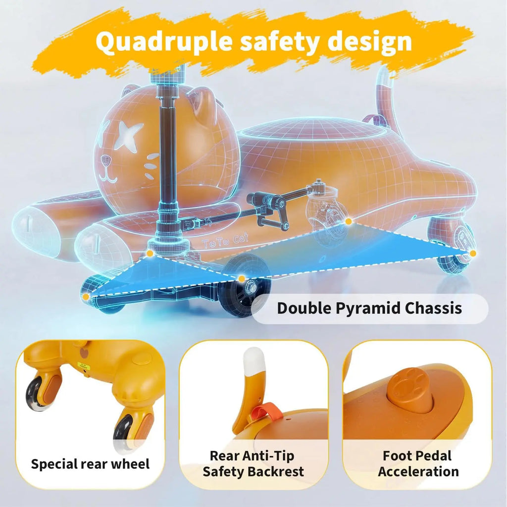 12V Kids Electric Wiggle Ride-On Car With Pedal, Rechargeable Cartoon Cat Twist Toy Vehicle For Toddlers Indoor Outdoor Ride
