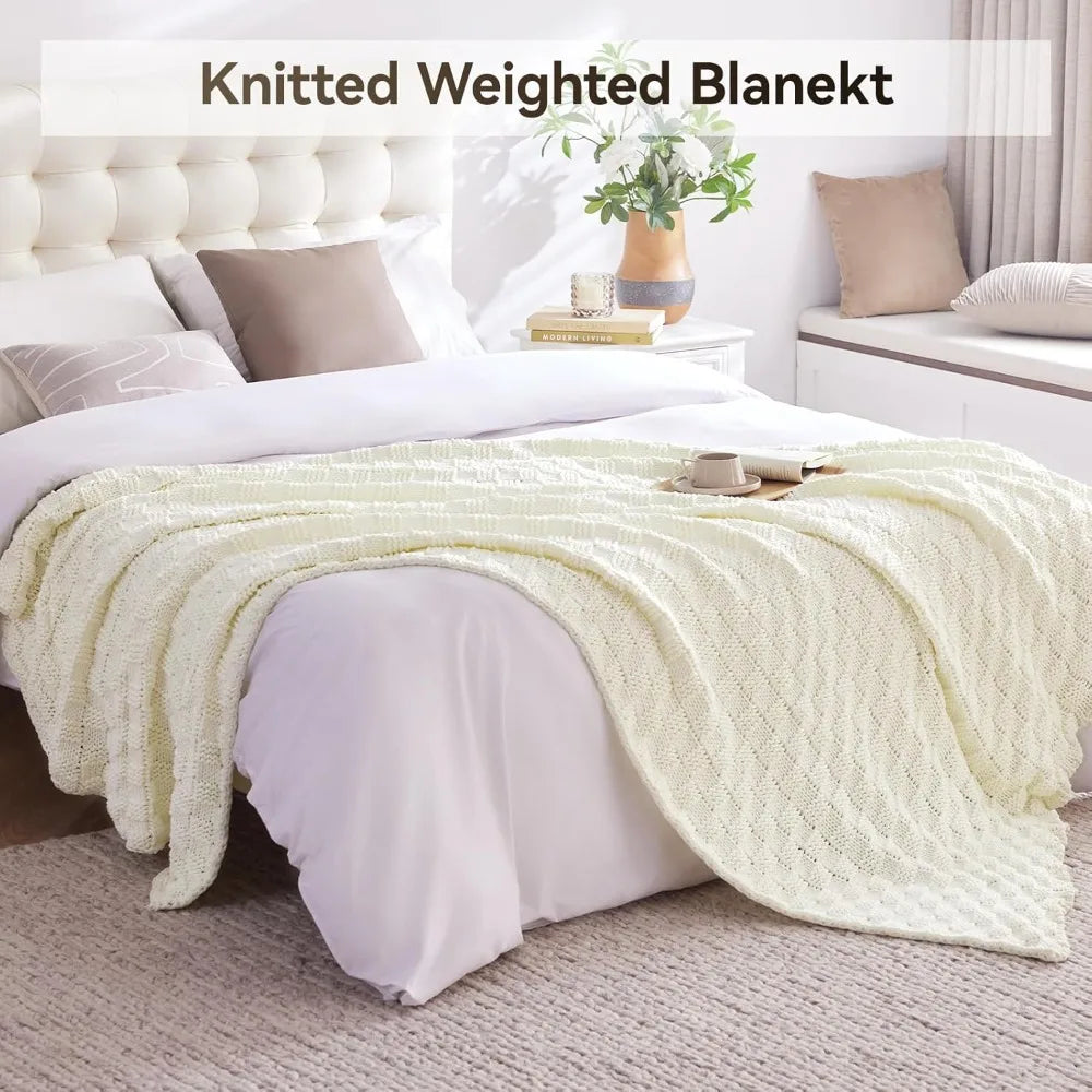 Knitted Weighted Blanket for Adults, 12lbs 48"x72", Breathable Chunky Knit, Cooling Heavy Blanket for Hot Sleepers, Ivory White