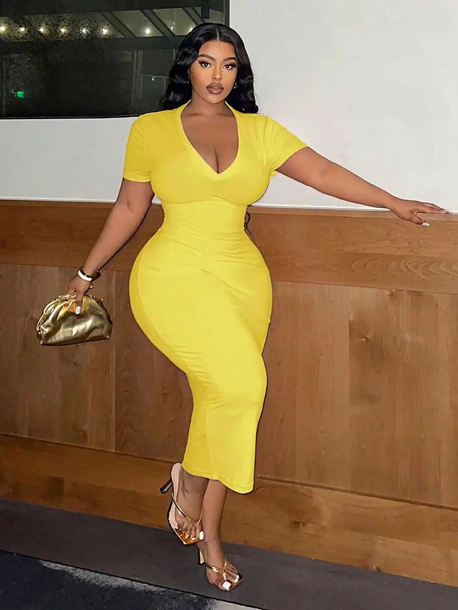 Women Plus Size V-Neck Short Sleeve Bodycon Midi Dress