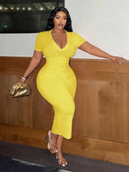 Women Plus Size V-Neck Short Sleeve Bodycon Midi Dress