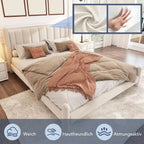 King Size Velvet Upholstered Platform Bed with Tall Headboard Slatted Frame Wingback Design Beige 180x200cm