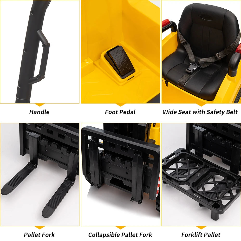 12V Kids Ride on Forklift Car with Tent, Electric Ride On Construction Car with Remote Control, Liftable Fork and Pallet, 2 Speeds, Music, USB, MP3 and Low-Power Alarm