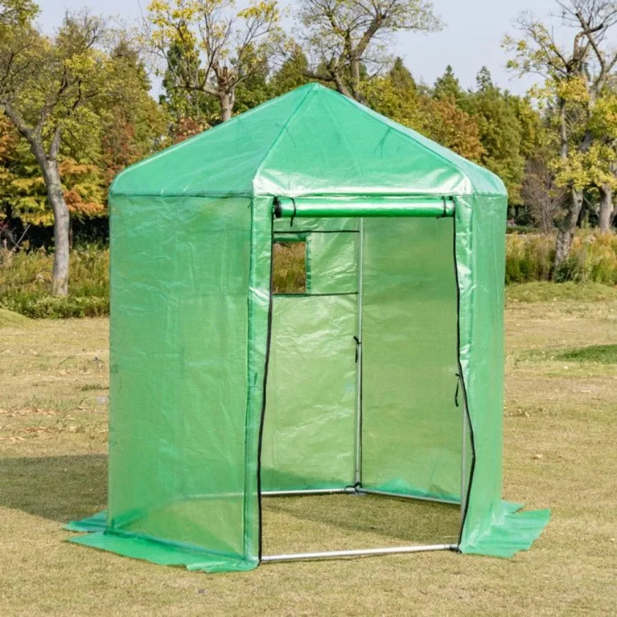 Walk-In Hexagonal Greenhouse for gardening use, PE cover and metal frame, green color, durable and weather-resistant