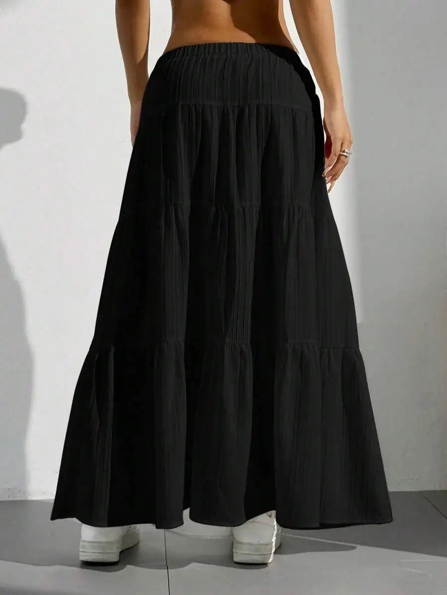 Flared Long Skirt Spring Summer Women Euro American Loose Tie Strap Splice Midi Skirt Light Soft Fabric Flowy Vacation Daily Casual Bottoms