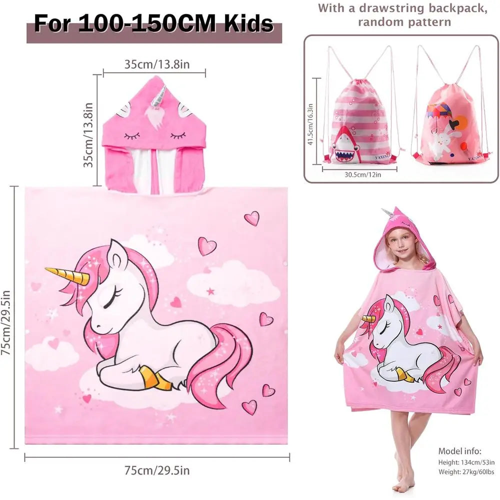 Children's Hooded Microfiber Poncho Towels, Quick-Drying Beach Cover-ups, Bathrobes for Pool and Bath