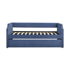 Modern Blue Textured Fabric Daybed with Trundle, Wooden Frame, Ready-to-Assemble