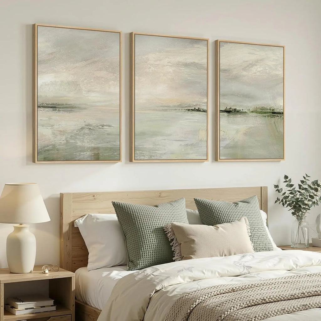 Set of 3 Framed Sage Green Calming Abstract Landscape Canvas Wall Art Prints 24 X 36 Inch, Neutral Tone Wall Decor for Hallway Dining Room Bedroom Office Indoor Home Display