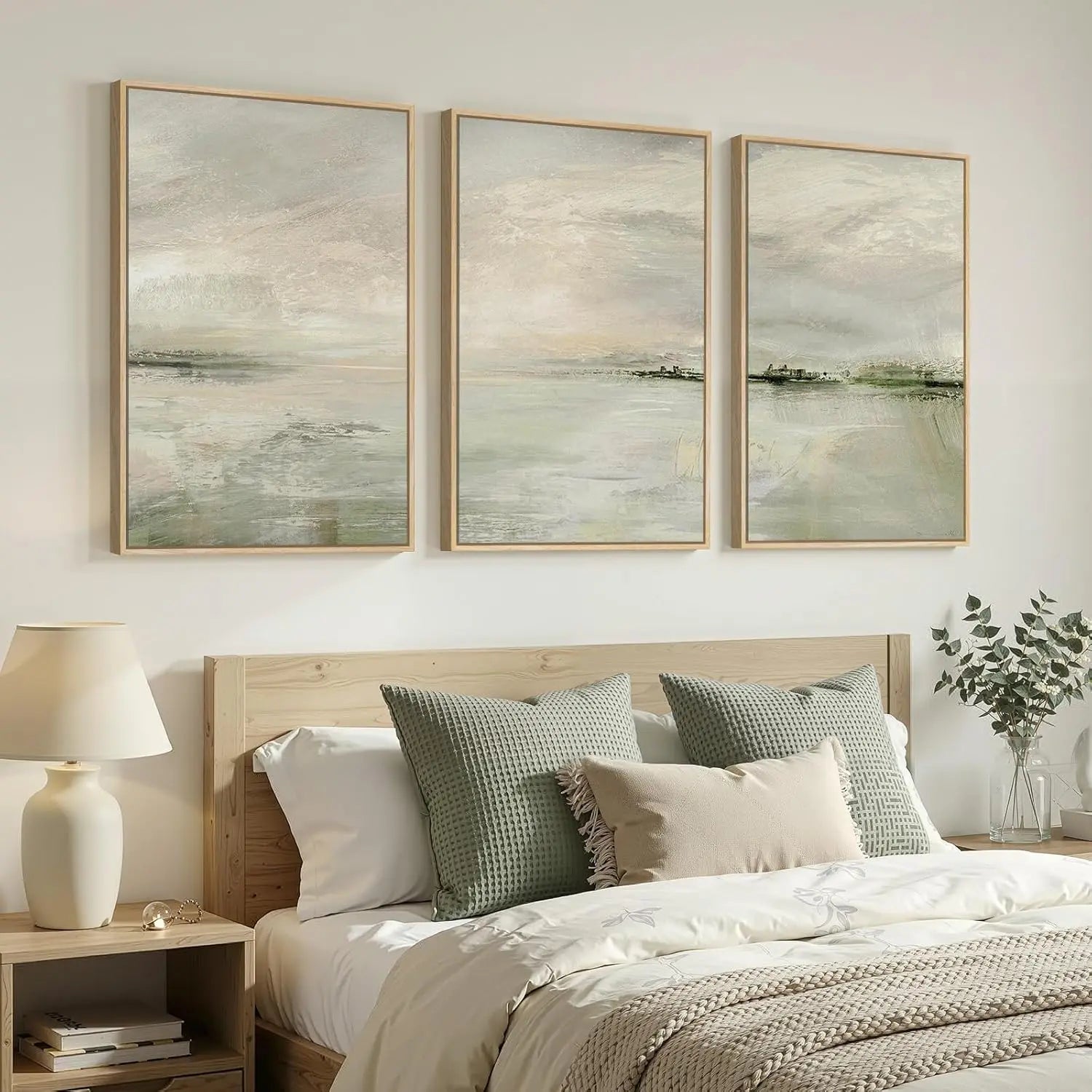 Set of 3 Framed Sage Green Calming Abstract Landscape Canvas Wall Art Prints 24 X 36 Inch, Neutral Tone Wall Decor for Hallway Dining Room Bedroom Office Indoor Home Display