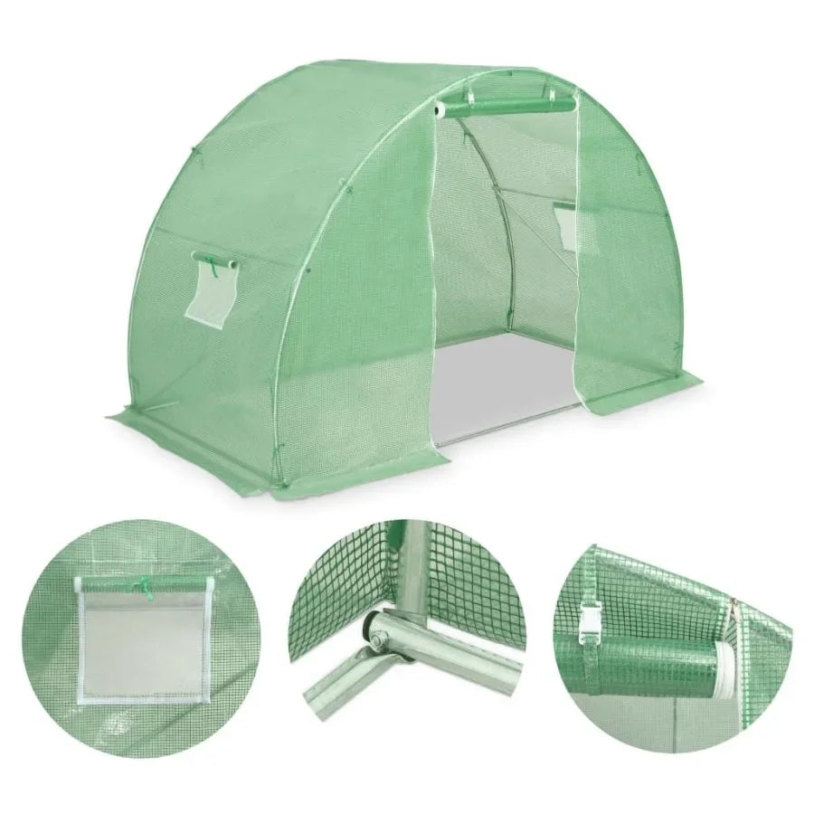 Greenhouse application, PE mesh fabric in green color with galvanized steel frame, 48.4 sq ft coverage, UV-resistant and durabl