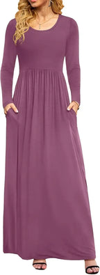 Women Casual Long Sleeve Maxi Dresses Empire Waist Long Dress with Pockets