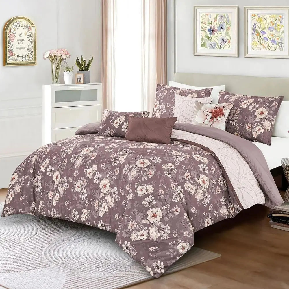 King Size 7-Piece Mauve Botanical Bedding Set