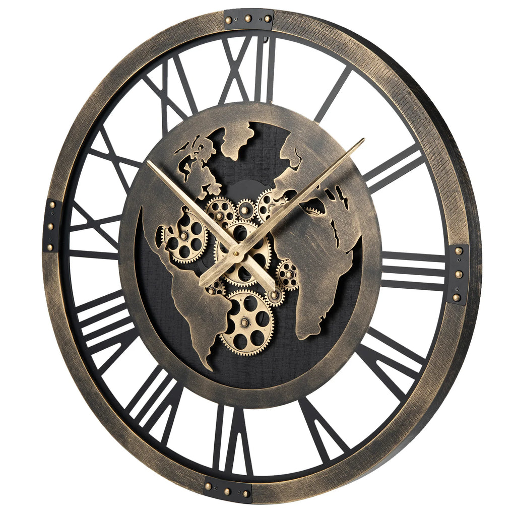 Large Wall Clock, 27” Gear Clock w/ World Map, Non-Ticking Decorative Metal Clock