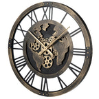 Large Wall Clock, 27” Gear Clock w/ World Map, Non-Ticking Decorative Metal Clock