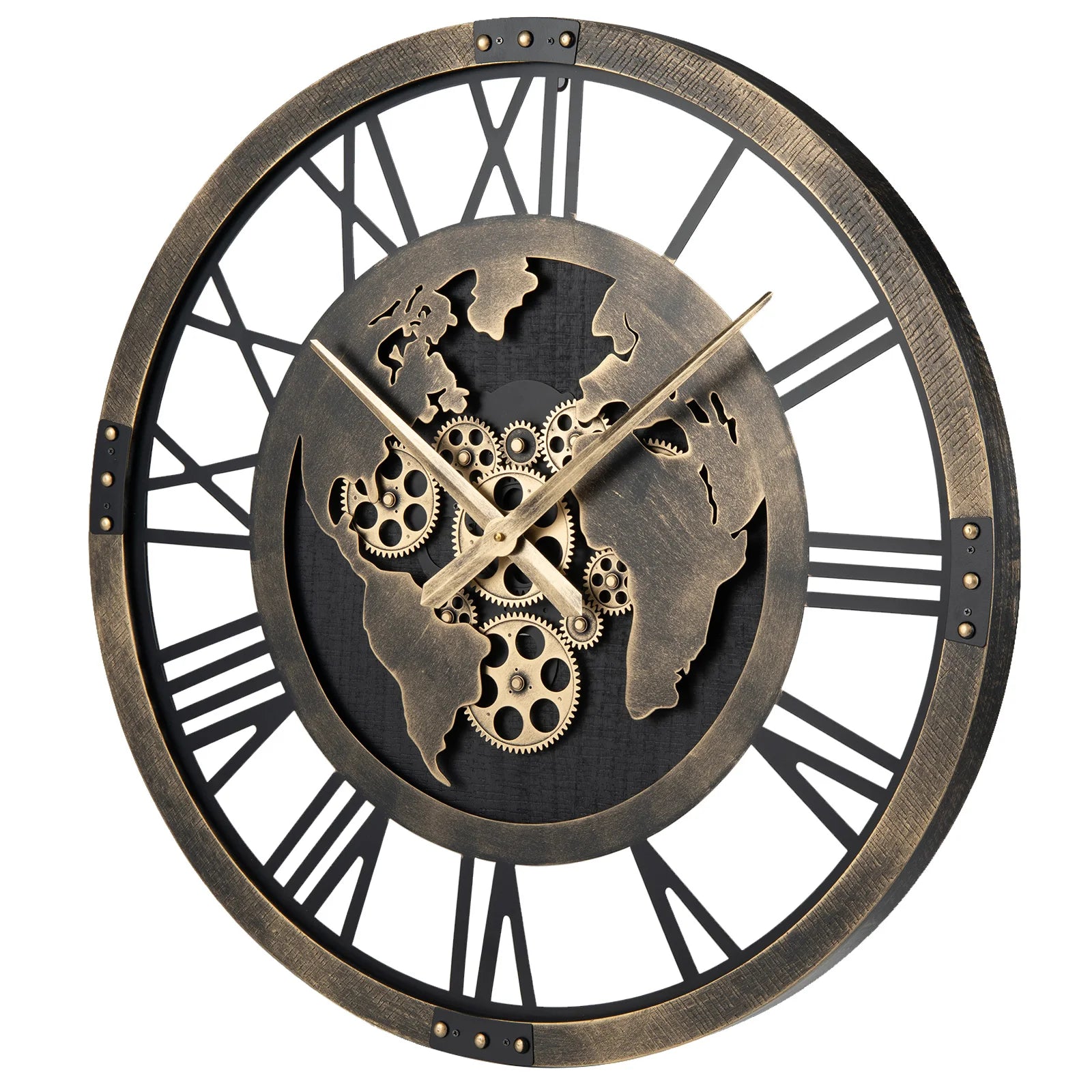 Large Wall Clock, 27” Gear Clock w/ World Map, Non-Ticking Decorative Metal Clock